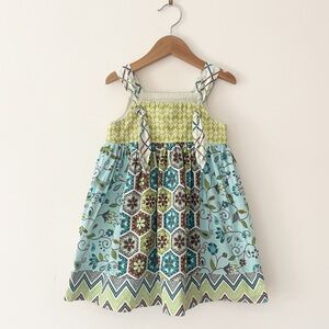 EUC Teal Chartreuse Whimsical Mixed Prints Cottagecore Knot Dress
